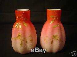 Gorgeous Pair Webb Peachblow Enameled Art Glass Vases, J. Barbe Decorated