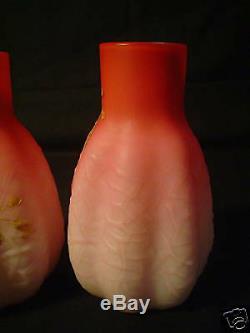 Gorgeous Pair Webb Peachblow Enameled Art Glass Vases, J. Barbe Decorated