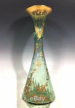 Gorgeous! Vintage Moser Green Art Glass Vase Gilt Enamel 11 1/2H