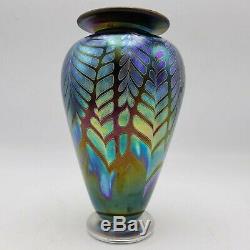 Graham Muir Signed Art Glass Vase with Pulled Feather Design 6.5 Tall