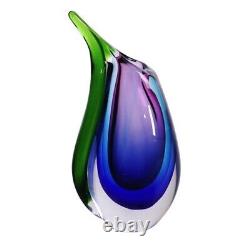 Hand Blown 9.5 Multicolor Sommerso Teardrop Art Glass Vase with Angled Lip