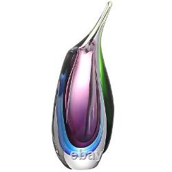 Hand Blown 9.5 Multicolor Sommerso Teardrop Art Glass Vase with Angled Lip