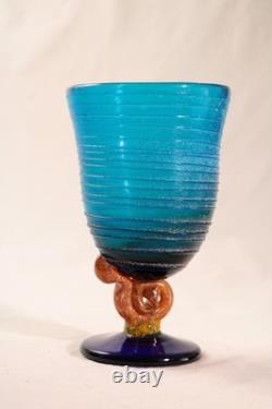 Hand Blown Art Glass Goblet Turquoise Murano Style Twisted Amber Stem Venetian