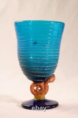 Hand Blown Art Glass Goblet Turquoise Murano Style Twisted Amber Stem Venetian