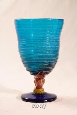 Hand Blown Art Glass Goblet Turquoise Murano Style Twisted Amber Stem Venetian
