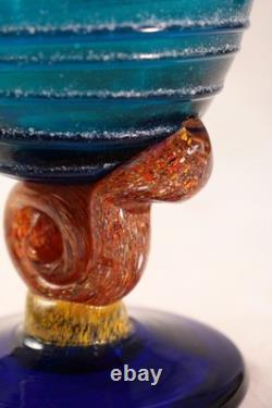 Hand Blown Art Glass Goblet Turquoise Murano Style Twisted Amber Stem Venetian