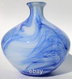 Hand Blown Glass Art Vase Blue White Clouds, Cased Glass - 10 tall