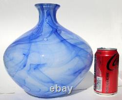 Hand Blown Glass Art Vase Blue White Clouds, Cased Glass - 10 tall