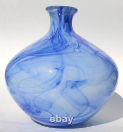 Hand Blown Glass Art Vase Blue White Clouds, Cased Glass - 10 tall