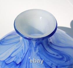 Hand Blown Glass Art Vase Blue White Clouds, Cased Glass - 10 tall