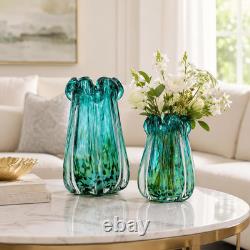 Hand Blown Glass Vase, Murano-Style Colorful Art Glass Centerpiece, Heavy Large