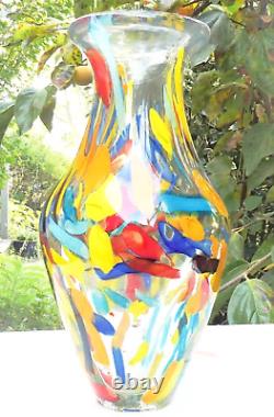 Hand Blown Murano Style Multicolored Rainbow Confetti Art Glass Vase 10.5