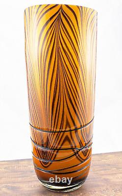 Hand Blown Murano Style Orange Black Tiger Striped Swirl Art Glass Vase 13-7/8