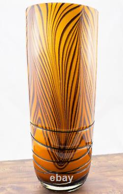 Hand Blown Murano Style Orange Black Tiger Striped Swirl Art Glass Vase 13-7/8