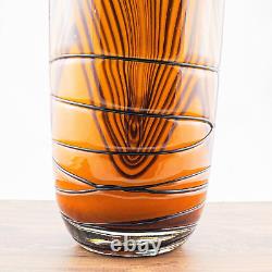 Hand Blown Murano Style Orange Black Tiger Striped Swirl Art Glass Vase 13-7/8