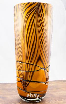 Hand Blown Murano Style Orange Black Tiger Striped Swirl Art Glass Vase 13-7/8