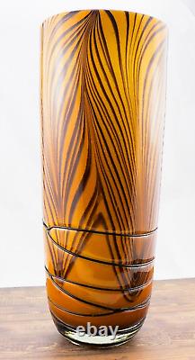 Hand Blown Murano Style Orange Black Tiger Striped Swirl Art Glass Vase 13-7/8