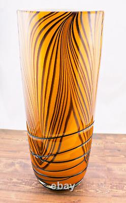 Hand Blown Murano Style Orange Black Tiger Striped Swirl Art Glass Vase 13-7/8