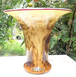 Hand Blown Murano Style Smokey Amber Spotted Wide Rim Art Glass Vase 10.5 Tall