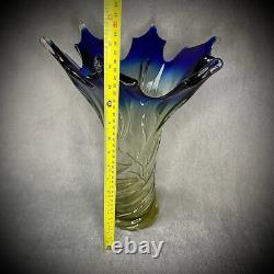 Hand Blown Swirl Vase 14 Art Glass Maple Leaf Blue To Yellow Gradient