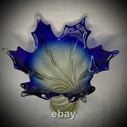 Hand Blown Swirl Vase 14 Art Glass Maple Leaf Blue To Yellow Gradient