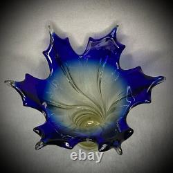 Hand Blown Swirl Vase 14 Art Glass Maple Leaf Blue To Yellow Gradient