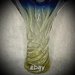 Hand Blown Swirl Vase 14 Art Glass Maple Leaf Blue To Yellow Gradient