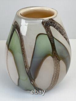 Hand blown art glass VASE Cream / Green/ Brown Modern design With Pontil