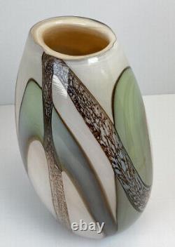 Hand blown art glass VASE Cream / Green/ Brown Modern design With Pontil