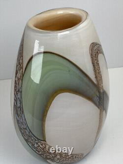 Hand blown art glass VASE Cream / Green/ Brown Modern design With Pontil