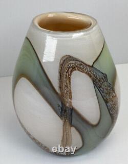 Hand blown art glass VASE Cream / Green/ Brown Modern design With Pontil