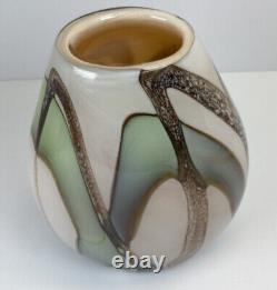 Hand blown art glass VASE Cream / Green/ Brown Modern design With Pontil