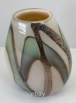 Hand blown art glass VASE Cream / Green/ Brown Modern design With Pontil