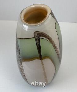 Hand blown art glass VASE Cream / Green/ Brown Modern design With Pontil