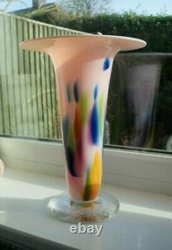Hand-blown contemporary art glass pink and multi-coloured trumpet vase