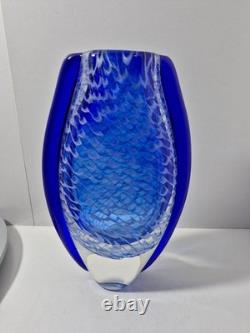 Handblown Blue & White Art Glass Vase Net Pattern Blue Flared Rim Studio Glass