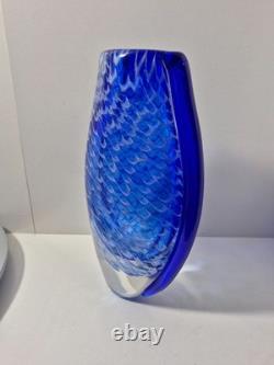 Handblown Blue & White Art Glass Vase Net Pattern Blue Flared Rim Studio Glass