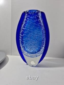 Handblown Blue & White Art Glass Vase Net Pattern Blue Flared Rim Studio Glass