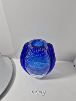 Handblown Blue & White Art Glass Vase Net Pattern Blue Flared Rim Studio Glass