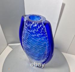 Handblown Blue & White Art Glass Vase Net Pattern Blue Flared Rim Studio Glass