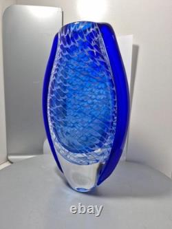 Handblown Blue & White Art Glass Vase Net Pattern Blue Flared Rim Studio Glass