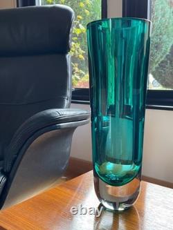 Handblown Handcrafted Cased Art Glass Vase Heavy++ Turquoise Teal 35cm 14 tall