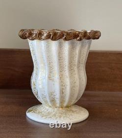 Handblown Milk & Gold Art Glass Stretch Vase Aventurine Rigaree. Murano Italy