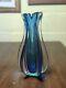 Heavy Art Glass Sommerso Ribbed Vase Polished Bottom Green And Blue Aqua 10
