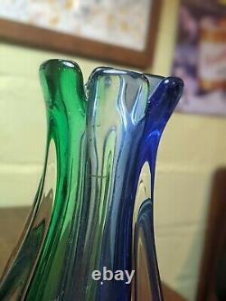 Heavy Art Glass Sommerso Ribbed Vase Polished Bottom Green and Blue Aqua 10