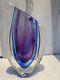 Heavy Oval Murano Sommerso Style Art Glass Vase Blue Purple Criss Cross Panels