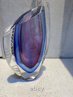 Heavy Oval murano Sommerso Style art glass vase Blue Purple Criss Cross Panels