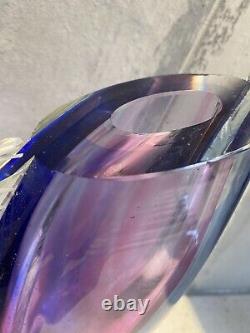 Heavy Oval murano Sommerso Style art glass vase Blue Purple Criss Cross Panels