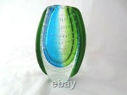 Heavy oval shaped Murano sommerso style art glass vase blues greens & bullicante