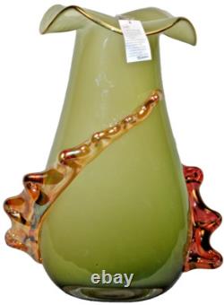 ION TAMAIAN Art Glass Hand Blown Green Vase Fused Glass Romania New